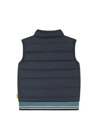Gilet imbottito blu navy con colletto alto, cuciture orizzontali e orlo a costine con strisce verdi e bianche. Senza maniche.