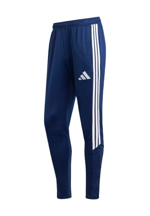 Pantalon de sport bleu marine avec une coupe fuselée, doté de trois bandes blanches sur les côtés et d'une ceinture élastique pour le confort.