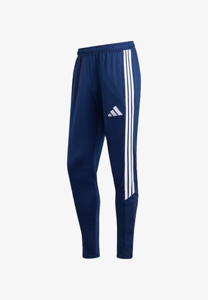 Marineblå treningstights med smal passform, med hvite trestripesdetaljer på sidene og elastisk midjebånd for komfort.