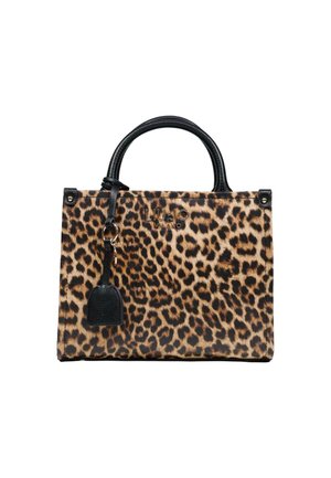 Rechthoekige handtas met zwarte handvatten en luipaardprint, versierd met een zwarte lederen tassel en een metalen logo "Liu Jo Milano" aan de voorkant.