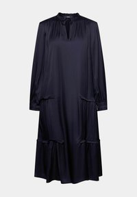 Marinblå satin klänning med långa ärmar, rynkad halsringning, nyckelhålsöppning och volangdetaljer vid midjan och kanten.