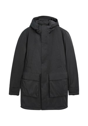 Parka impermeabile nera con cappuccio, dalla linea dritta, due grandi tasche frontali e design minimalista senza chiusure visibili.