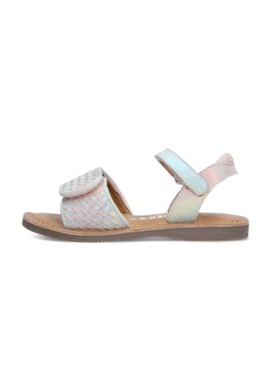 Geweven sandalen in pasteltinten met een vlakke zool, klittenbandsluiting en een gevoerd voetbed. Voorzien van een textuurrijke bovenzijde en een open teen ontwerp.