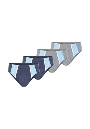 Set aus drei Paar Baumwollslips in Marineblau, Grau und Melangegrau, mit hellblauen und weißen Akzenten und einem klassischen Design.