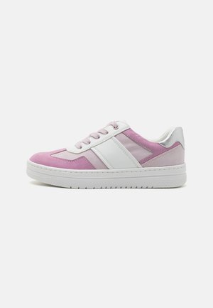Pink and white sneakers featuring a textured upper, smooth white leather accents, and a raised silver heel, with a rubber sole.