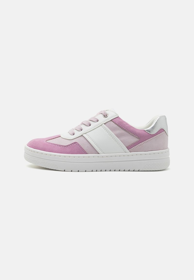 Pink and white sneakers featuring a textured upper, smooth white leather accents, and a raised silver heel, with a rubber sole.
