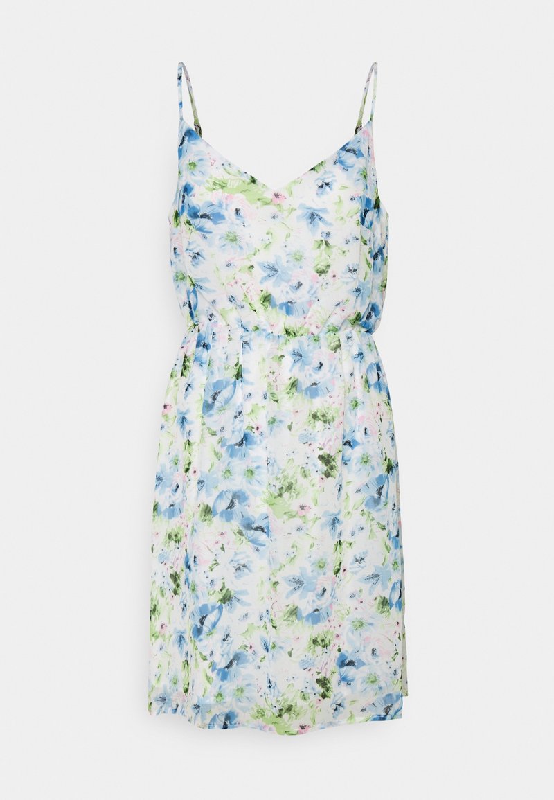 Robe midi blanche sans manches avec imprimé floral bleu et vert et fines bretelles spaghetti, dotée d'une taille cintrée et d'un décolleté en V.