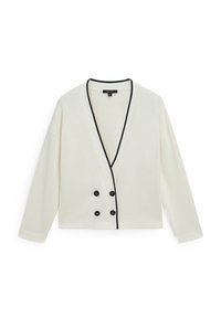 Cream cardigan made of soft material, featuring a deep V-neck, long sleeves, black trim, and two black buttons on the front.