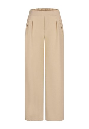 Beige bredde benbukser med en plisseret design og elastisk talje, lavet af et blødt stof med en glat overflade.