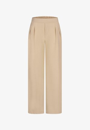 Šviesiai rudos plačiais kojų kelnės su klostėmis ir elastingu juosmeniu, pagamintos iš minkštos medžiagos su lygiu paviršiumi.