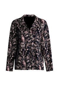 Langarmshirt met een donkere achtergrond en een patroon van een roze en crèmekleurige uil en bloemen. Soepele stof met een relaxte pasvorm en kraag.