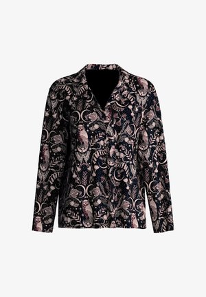 Long-sleeve shirt featuring a dark background with a pink and cream owl and floral pattern. Smooth fabric with a relaxed fit and collar.