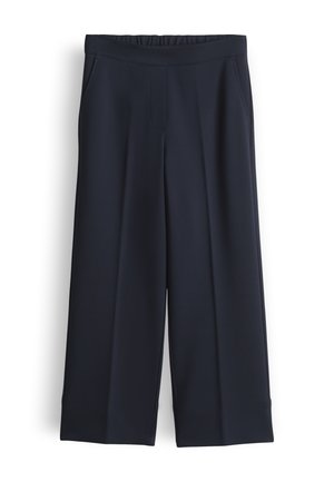 Dark navy wide-leg pants with an elastic waistband and side pockets, displayed on a white background.