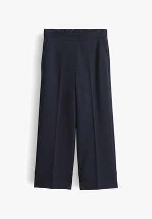 Dark navy wide-leg pants with an elastic waistband and side pockets, displayed on a white background.