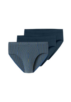 Drie herenslipjes in briefstijl, twee effen donkerblauwe en één blauw met gele en witte verticale strepen, overlappend gerangschikt.