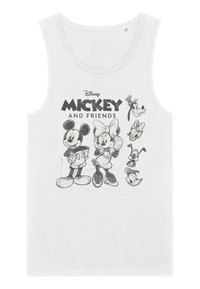 Camiseta sin mangas de algodón blanca con un gráfico negro de Mickey Mouse, Minnie Mouse, Donald Duck y Goofy. Incluye el texto "Disney Mickey y Friends."