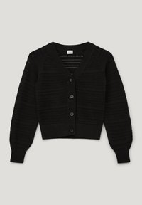 Zwarte gebreide cardigan met een v-hals, lange puffmouwen, zes knopen en een textuurpatroon met opengehaakte secties.