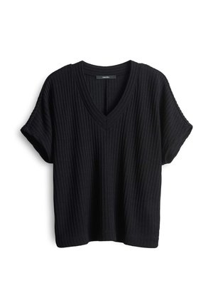 Zwarte geribbelde gebreide top met korte mouwen en een V-hals, met een relaxte pasvorm en textielstof. Geen zichtbare hardware of versieringen.