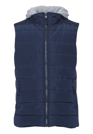 Gilet imbottito blu navy con zip frontale, tasche laterali e cappuccio grigio. Presenta una texture a righe orizzontali e una finitura liscia.