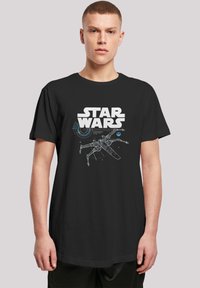 Svart bomull T-skjorte med grafisk design av en X-wing starfighter og teksten "STAR WARS" i fete hvite bokstaver.