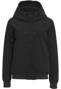 Veste à capuche noire zippée avec cordon, poignets et ourlets côtelés, avec poches avant discrètes et marquage minimal sur la poitrine.