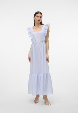 Blau-weiß gestreiftes Maxikleid mit Rüschenschulterträgern, tailliertem Bund und ausgestellt geschnittenem Saum. Glattes Material mit weicher Textur.