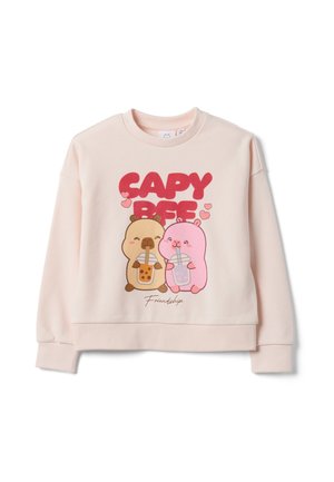 Hellrosa Sweatshirt mit einer Cartoonabbildung von zwei Capybaras, die Bubble Tea trinken, und dem Text "CAPY BFF" und "Friendship" auf der Vorderseite.