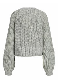 Gray knit sweater with a textured pattern, oversized balloon sleeves, and a rounded neckline, featuring ribbed cuffs and hem.