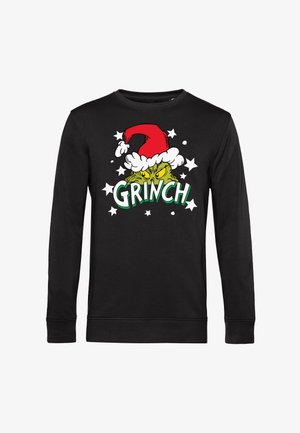Felpa nera a maniche lunghe con un cartone del Grinch che indossa un cappello di Babbo Natale rosso, testo grafico "GRINCH" in verde, circondato da stelle bianche.