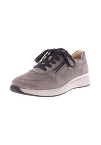 Gray suede sneaker with black laces, rounded toe, and a textured midsole. Features a side zipper and subtle stitching details.