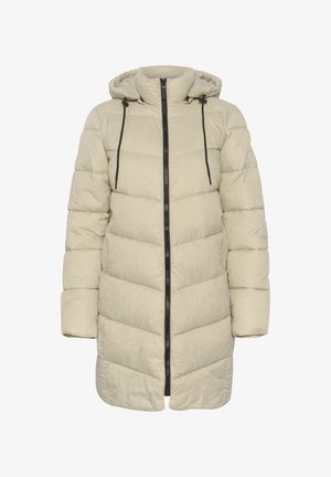 Beige puffer coat with a hood, front zipper, black drawstrings, and horizontal quilted design. Features long sleeves and mid-length cut.