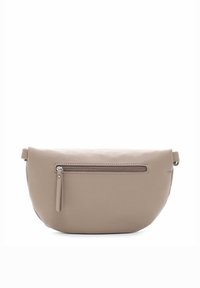 Beige Lederhandtasche in Crescent-Form mit einer Reißverschlusstasche auf der Vorderseite. Glatte Textur und ein dezenter Glanz. Verstellbarer Riemen.