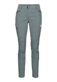 Pantalons de randonnée légers en teal avec deux poches zippées à l'avant, taille élastique et genoux renforcés. Logo sur la cuisse gauche supérieure.