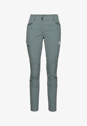 Lightweight, teal hiking pants with two front zip pockets, elastic waist, and reinforced knees. Features logo on the upper left thigh.