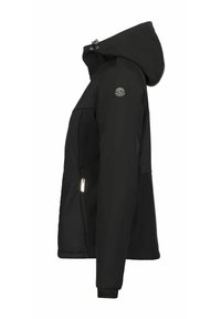 Schwarze, wasserabweisende Jacke mit Kapuze, ausgestattet mit Reißverschlusstaschen, elastischen Bündchen und einem Logo-Patch am Ärmel. Klassisches Schnittdesign.