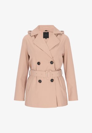 Trench-coat beige clair en tissu lisse, avec un devant croisé, une taille ceinturée, de grands boutons noirs et des poches latérales.