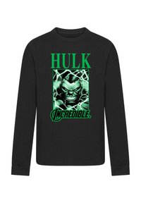 Crna majica dugih rukava s grafikom Hulka, s zelenim natpisom "HULK" iznad i "INCREDIBLE" ispod, naglašena efektima munje.