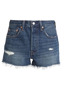 Denim shorts in dark blue, featuring frayed hem, distressed details, five pockets, and metal button closure.