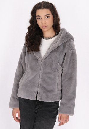 Grijze nepbont hoodie-jack met een ritssluiting aan de voorkant, relaxte pasvorm, lange mouwen en twee zijzakken. Gelaagde oppervlakte met een zachte, pluche uitstraling.