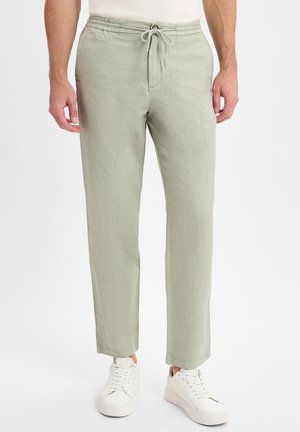 Helle grüne Leinenhosen mit einem elastischen Bund, Kordelzug und schmal zulaufenden Beinen. Kombiniert mit weißen Sneakern. Glatte Textur, lockere Passform.