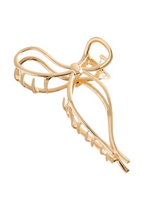 Goldfarbener Metall-Haarclip in Form einer Schleife mit offenen, gebogenen Sektionen und einem federbelasteten Verschlussmechanismus.