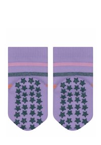 Lila Socken mit sternförmigen Grip-Punkten an der Sohle, ausgestattet mit horizontalen Streifen in Dunkelgrün und Pink. Weicher Strickstoff über die gesamte Fläche.