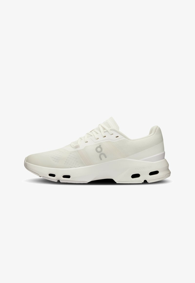 White athletic shoe with a textured mesh upper, CloudTec sole, and minimalistic design. Features include lace closure and subtle branding.