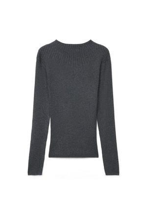 Maglione a maniche lunghe in maglia costina grigio scuro con silhouette aderente e scollo rotondo, disteso su sfondo bianco.