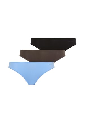 Drei nahtlose Bikini-Unterwäsche in Schwarz, Braun und Hellblau, horizontal auf einem weißen Hintergrund gestapelt.