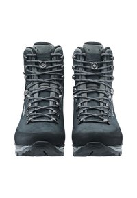 Wanderschuhe, dunkelgraues Wildleder, knöchelhohes Design, strukturierten Oberfläche, metallische Schnürhardware, Gummisohle mit Profilmustern, robuste Verarbeitung.