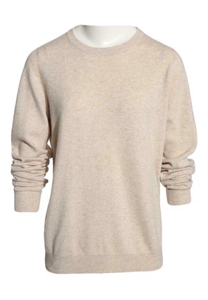 Jersey de punto beige de manga larga con cuello redondo y puños acanalados, exhibido en un torso de maniquí blanco con mangas ligeramente recogidas.