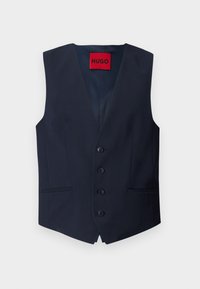 Dunkelblaues Weste mit V-Ausschnitt, sechs Knöpfen auf der Vorderseite, zwei seitlichen Taschen und einem roten HUGO-Label innen. Maßgeschneiderte Stofftextur.