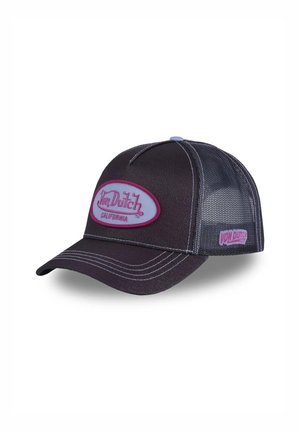 Casquette trucker noire et en mesh avec un écusson logo violet "Von Dutch California" sur le devant et un petit écusson sur le côté.
