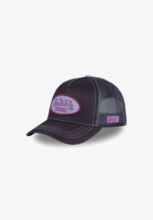 Casquette trucker noire et en mesh avec un écusson logo violet "Von Dutch California" sur le devant et un petit écusson sur le côté.